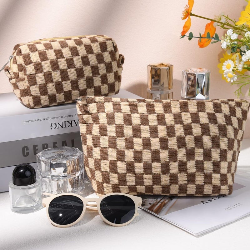 Fammart Travel Makeup Bag, Checkered Cosmetic Bag Make Up Organizer Case for Women, Small Toiletry Bag Skincare Pouch for Toiletries Accessories Brushes, 2PCS - Image 3